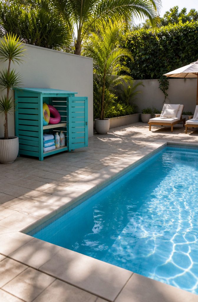 Outdoor Cupboard Ideas for Storage, Pools, Gardens and Entertaining 4 An outdoor cabinet with pool gear and towels.