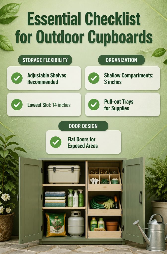 Outdoor Cupboard Ideas for Storage, Pools, Gardens and Entertaining 9 An outdoor cupboard with adjustable shelves and various items.
