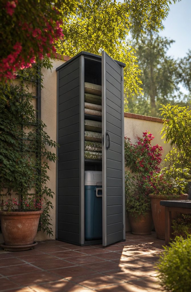 Outdoor Cupboard Ideas for Storage, Pools, Gardens and Entertaining 2 A tall outdoor storage cabinet on a small patio.