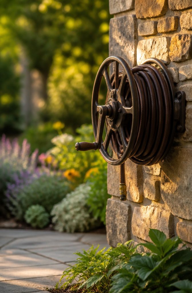 A decorative hand-crank hose reel mounted on a wall.
