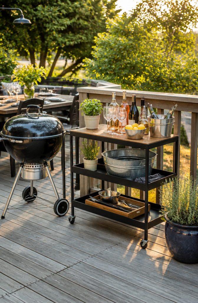 A metal outdoor bar cart with bottles and glasses beside a charcoal grill.