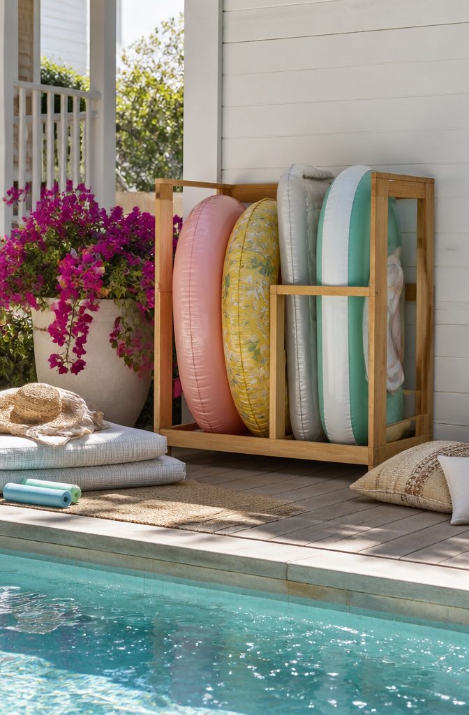 A vertical pool float storage rack with colorful inner tubes and loungers.