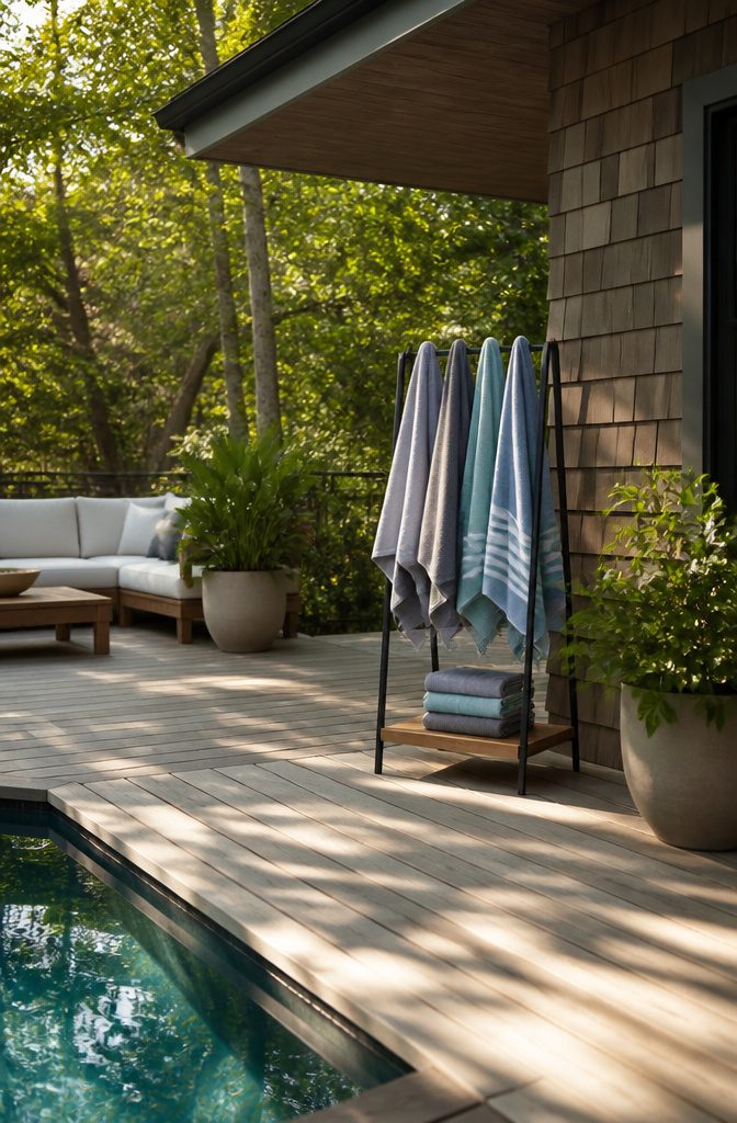 A black metal towel valet holding several pool towels on a patio.