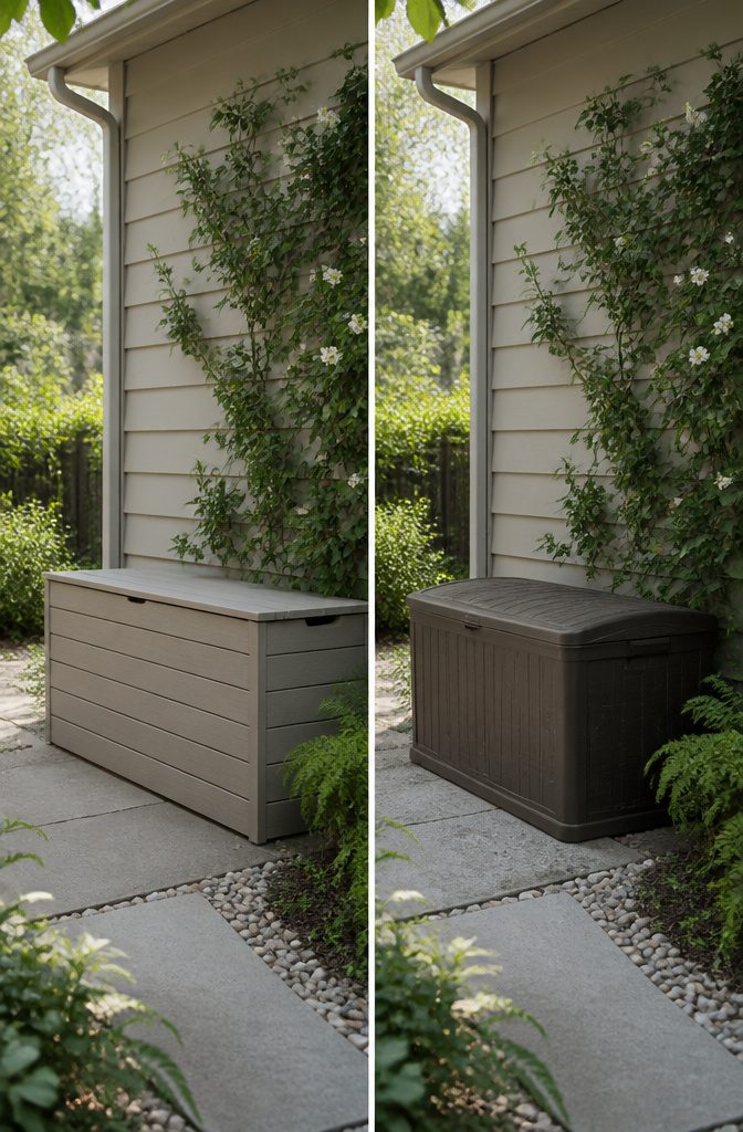 A wooden storage box that matches the surrounding patio decor.