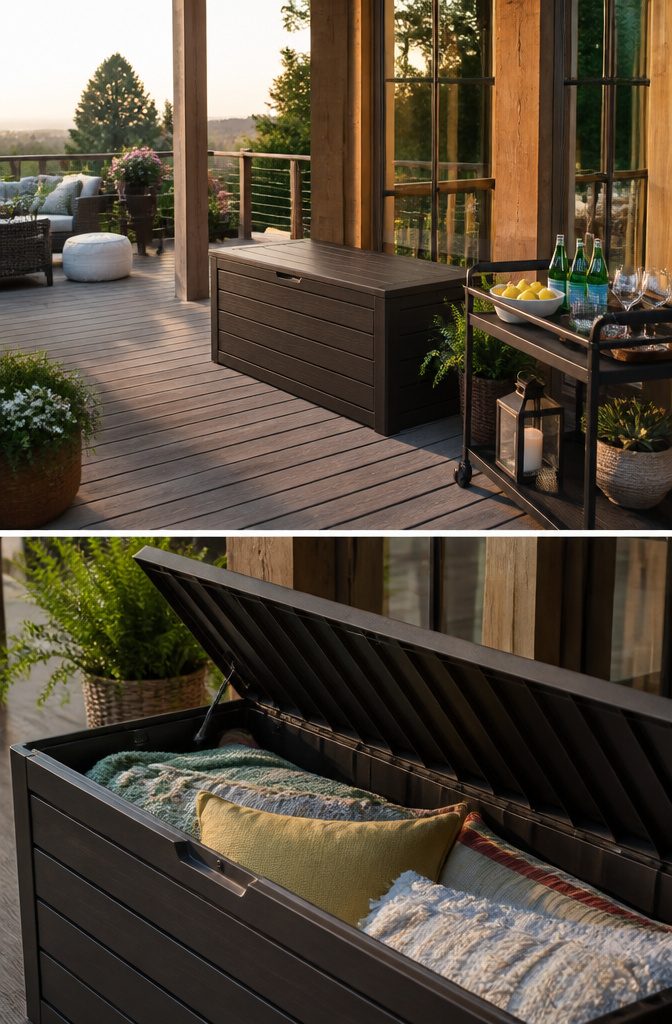 A resin deck box serving as a bench on a patio.
