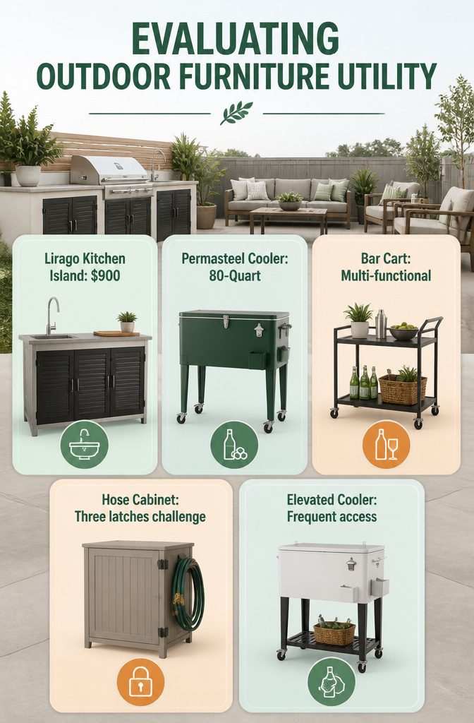 An outdoor kitchen island with a sink and prep space on a patio.