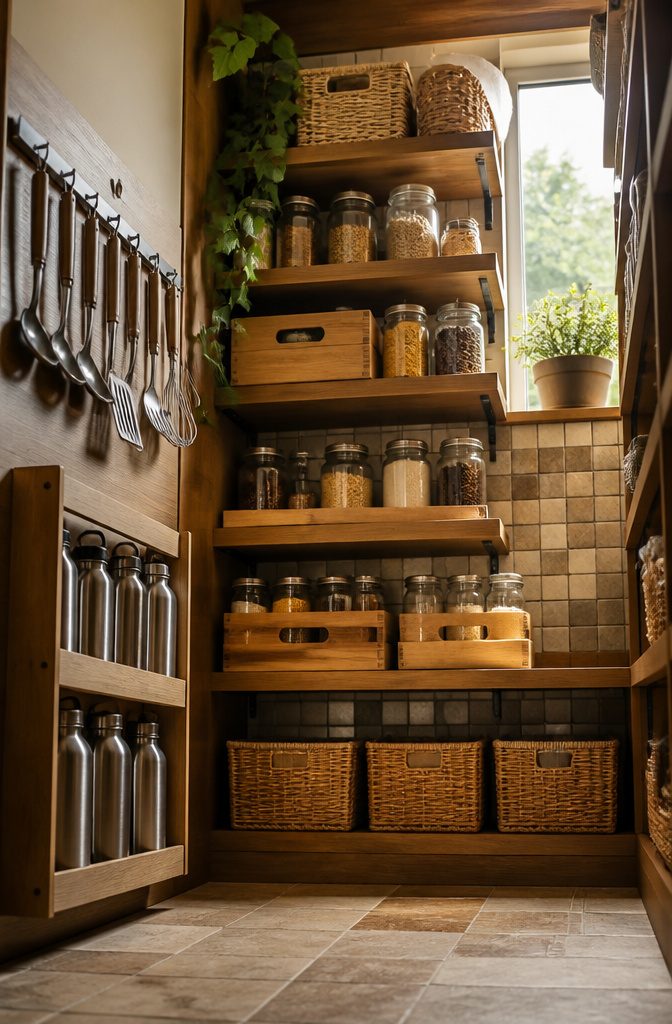 14 Pantry Shelving Ideas Storage That Actually Fit Real Spaces 17 Vertical storage using boxes and baskets in a pantry.