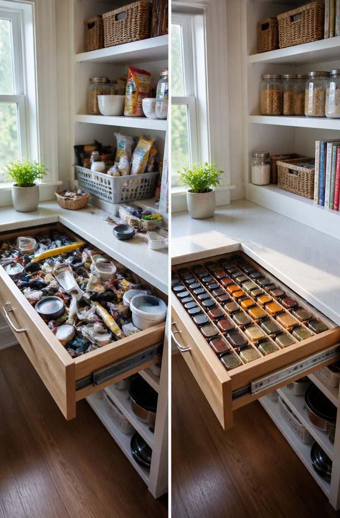 14 Pantry Shelving Ideas Storage That Actually Fit Real Spaces 8 Organized spice drawer in a pantry.