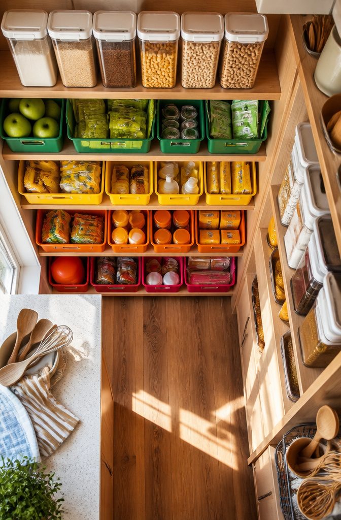 14 Pantry Shelving Ideas Storage That Actually Fit Real Spaces 13 Color-coded bins in a pantry for organization.