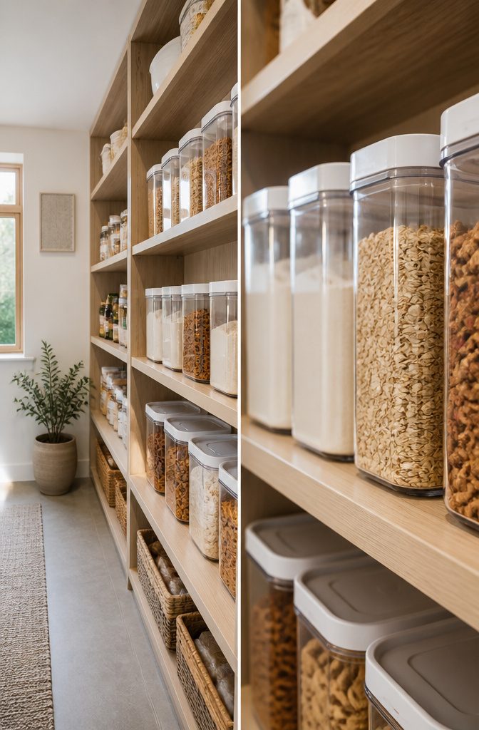 14 Pantry Shelving Ideas Storage That Actually Fit Real Spaces 18 Clear containers filled with various dry goods in a pantry.