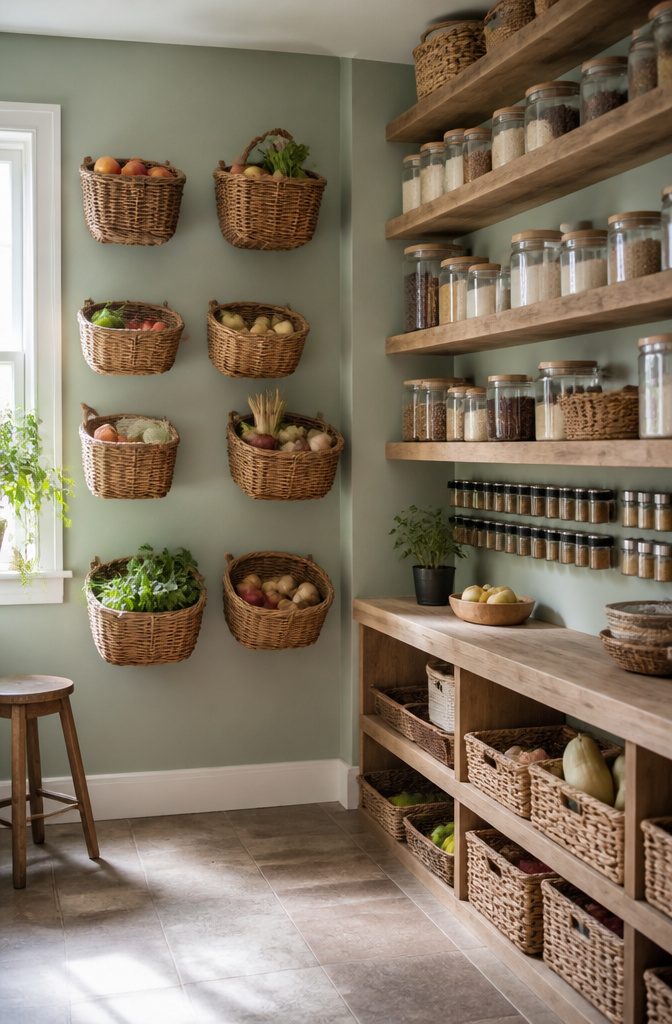 14 Pantry Shelving Ideas Storage That Actually Fit Real Spaces 4 Wall-mounted baskets and hooks for pantry storage.