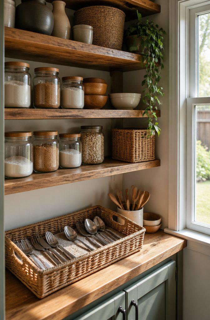 14 Pantry Shelving Ideas Storage That Actually Fit Real Spaces 11 Shallow basket with neatly arranged flatware on a pantry shelf.