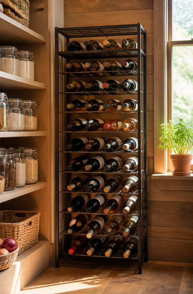 14 Pantry Shelving Ideas Storage That Actually Fit Real Spaces 10 Freestanding wine rack against a pantry wall.