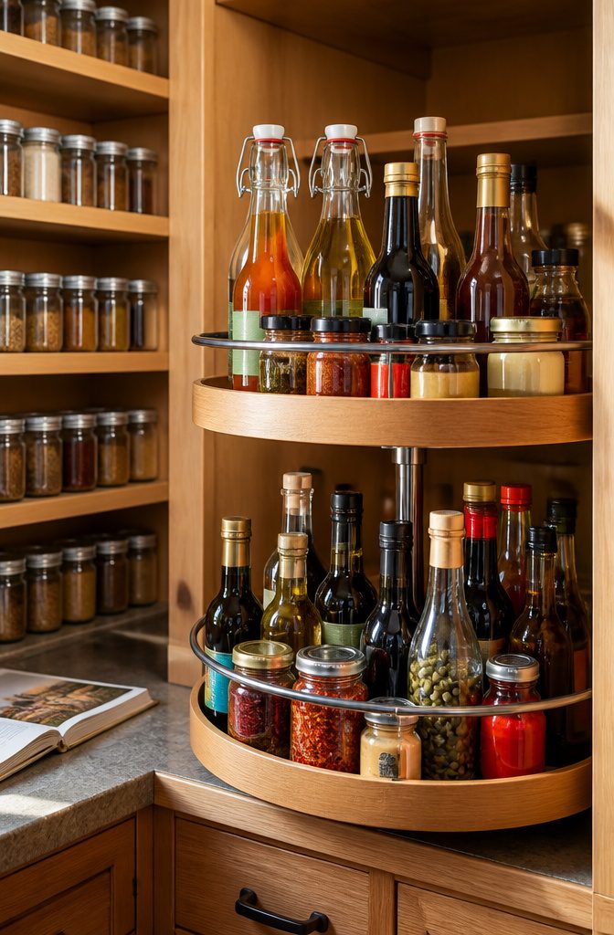 14 Pantry Shelving Ideas Storage That Actually Fit Real Spaces 6 Lazy Susan with oils and sauces on a corner shelf.