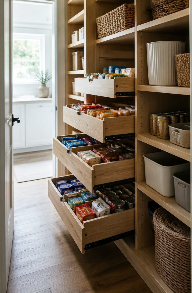 14 Pantry Shelving Ideas Storage That Actually Fit Real Spaces 15 Pull-out drawers filled with snacks and essentials in a pantry.
