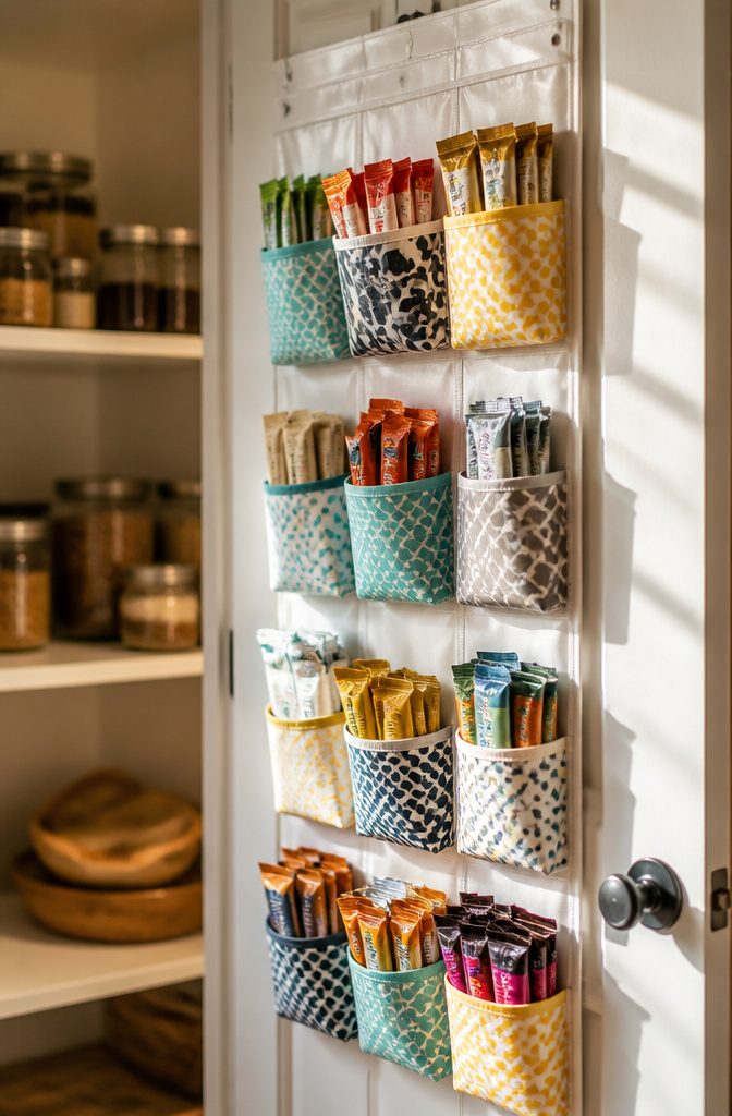 14 Pantry Shelving Ideas Storage That Actually Fit Real Spaces 9 Hanging shoe holder filled with small pantry items.