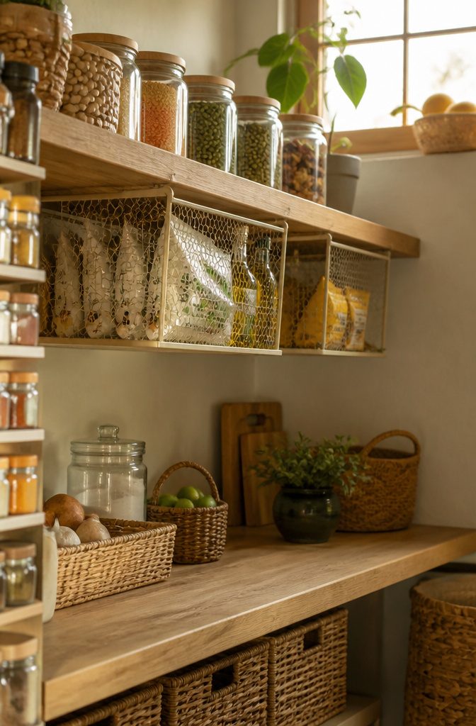 14 Pantry Shelving Ideas Storage That Actually Fit Real Spaces 5 Under-shelf baskets filled with snacks and oils.