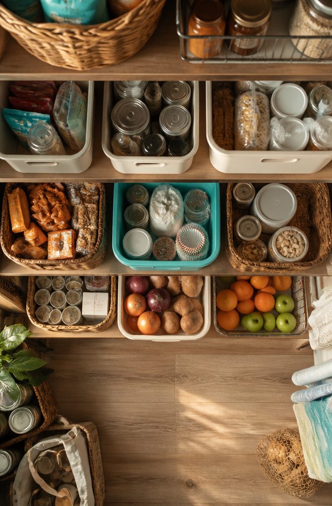 14 Pantry Shelving Ideas Storage That Actually Fit Real Spaces 12 Various bins and baskets organizing pantry items.