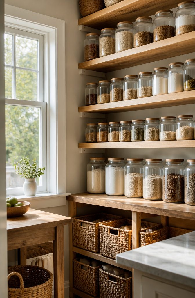 14 Pantry Shelving Ideas Storage That Actually Fit Real Spaces 2 Clear jars with labels on a wooden shelf.