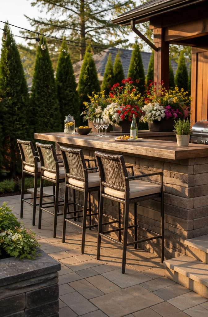 20 Patio Design Ideas for Your Outdoor Space 13 A bar counter made from stacked pavers with barstools on a patio.