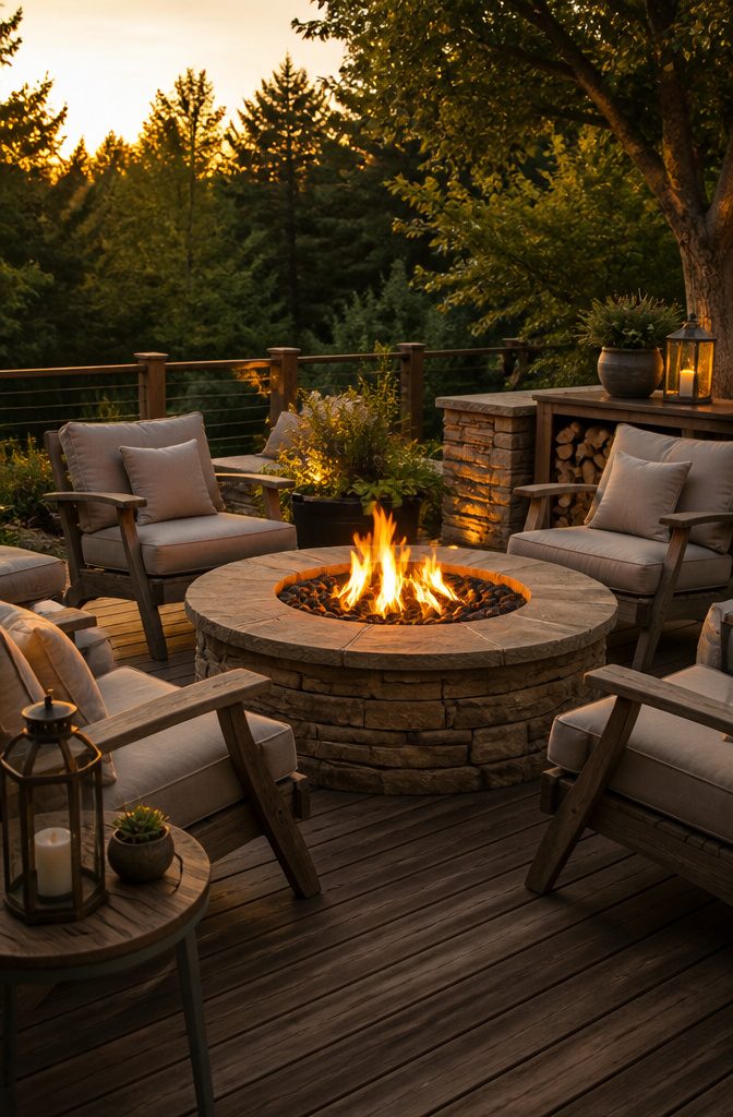 20 Patio Design Ideas for Your Outdoor Space 10 A cozy fire pit surrounded by seating on a patio.