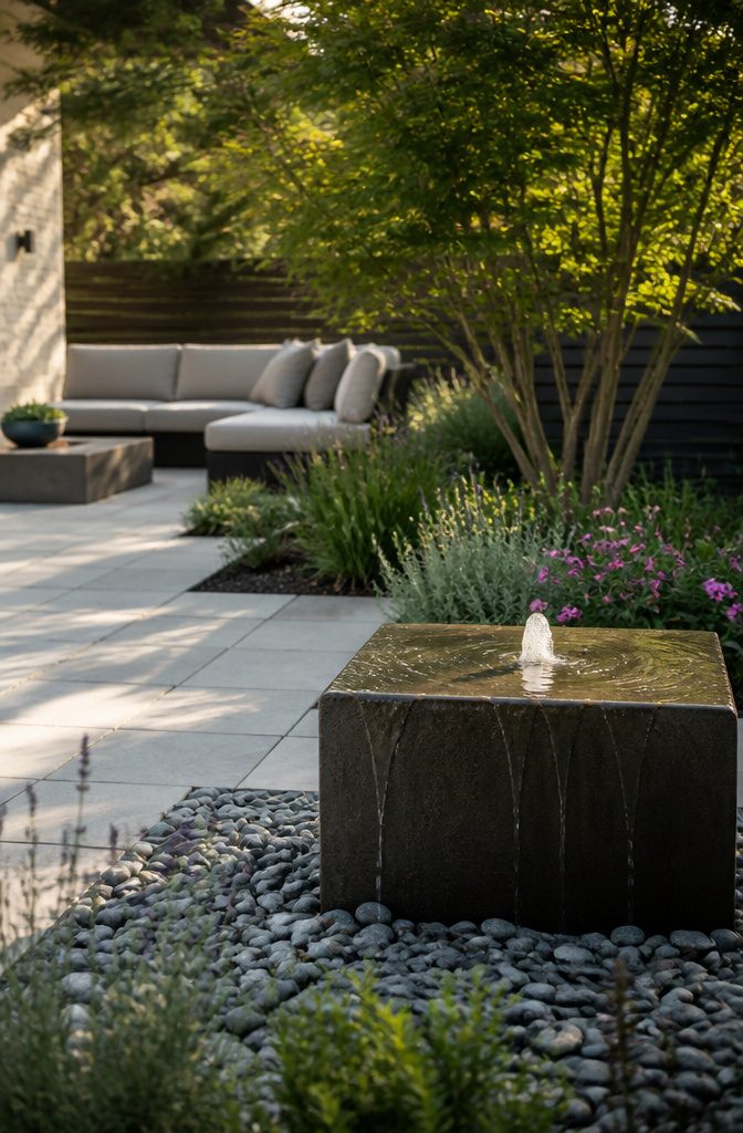 20 Patio Design Ideas for Your Outdoor Space 18 A modern water fountain surrounded by stones on a serene patio.
