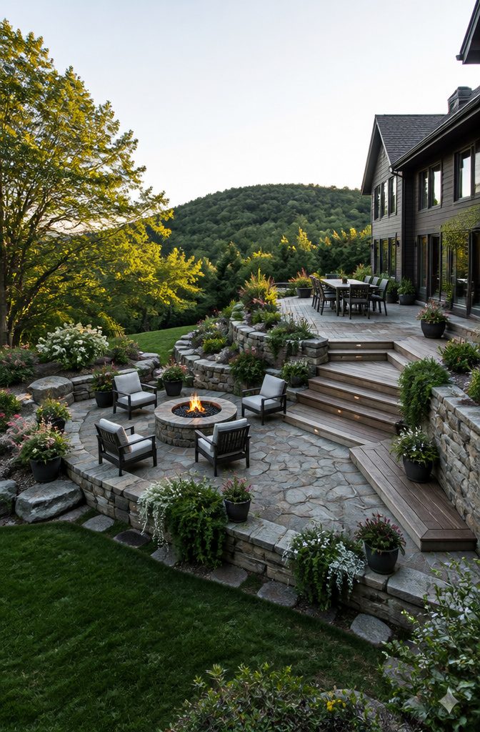 20 Patio Design Ideas for Your Outdoor Space 17 A two-tier patio design featuring separate levels for dining and lounging.