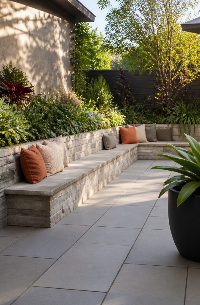 20 Patio Design Ideas for Your Outdoor Space 5 A sleek built-in stone seating wall with colorful cushions on a patio.