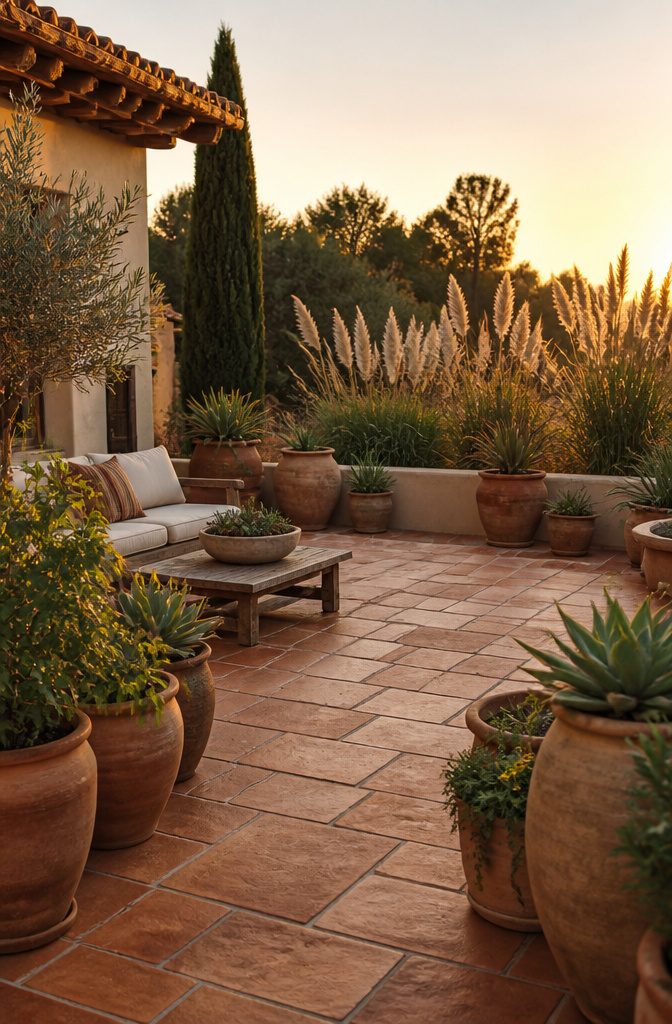 20 Patio Design Ideas for Your Outdoor Space 3 A Mediterranean-style patio with terracotta pavers and vibrant succulents.
