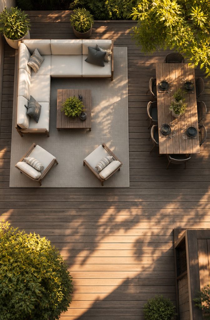 20 Patio Design Ideas for Your Outdoor Space 4 A patio with distinct zones marked by rugs and furniture arrangements.