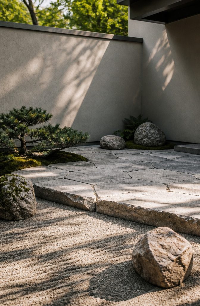 20 Patio Design Ideas for Your Outdoor Space 19 A tranquil patio corner with sand, rocks, and minimal plants.