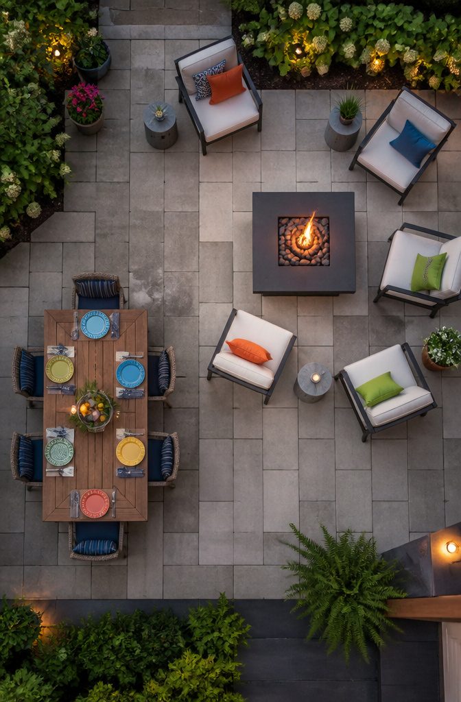 20 Patio Design Ideas for Your Outdoor Space 9 Seating arranged at an angle to facilitate social interaction on a patio.