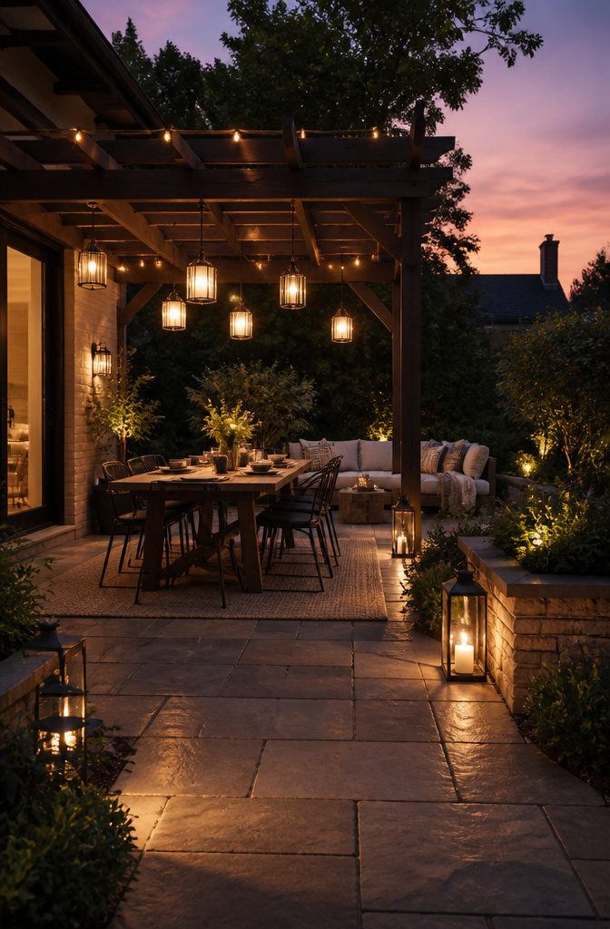 20 Patio Design Ideas for Your Outdoor Space 15 An inviting patio lit with pendant lights and lanterns at dusk.