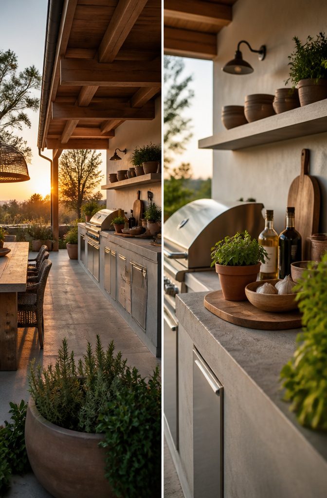 20 Patio Design Ideas for Your Outdoor Space 12 An outdoor kitchen setup with concrete pavers and built-in storage.