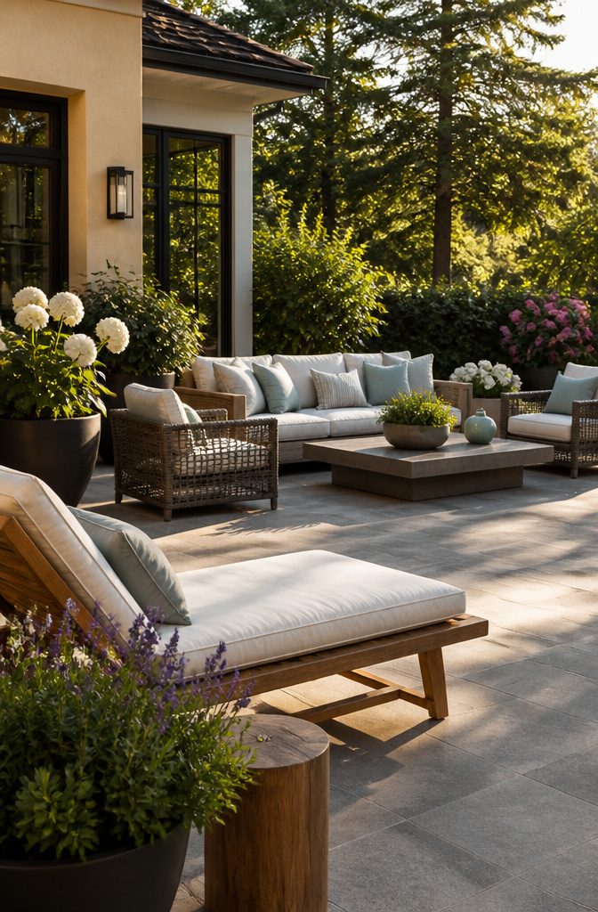 20 Patio Design Ideas for Your Outdoor Space 6 Stylish weather-resistant furniture arranged on a spacious patio.