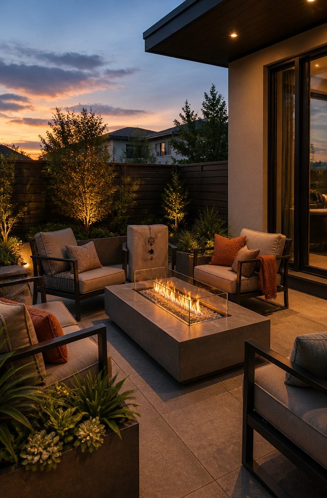 20 Patio Design Ideas for Your Outdoor Space 11 A stylish fire table surrounded by comfortable chairs on a patio.