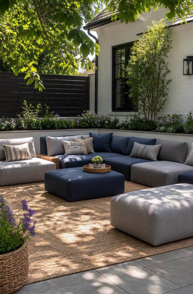 20 Patio Design Ideas for Your Outdoor Space 8 Dynamic modular seating arrangement with ottomans on a lively patio.
