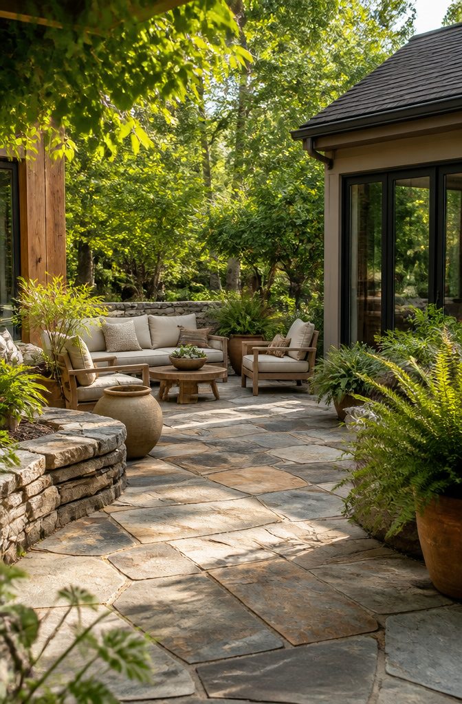 20 Patio Design Ideas for Your Outdoor Space 20 A patio featuring flagstone, wood accents, and lush greenery.