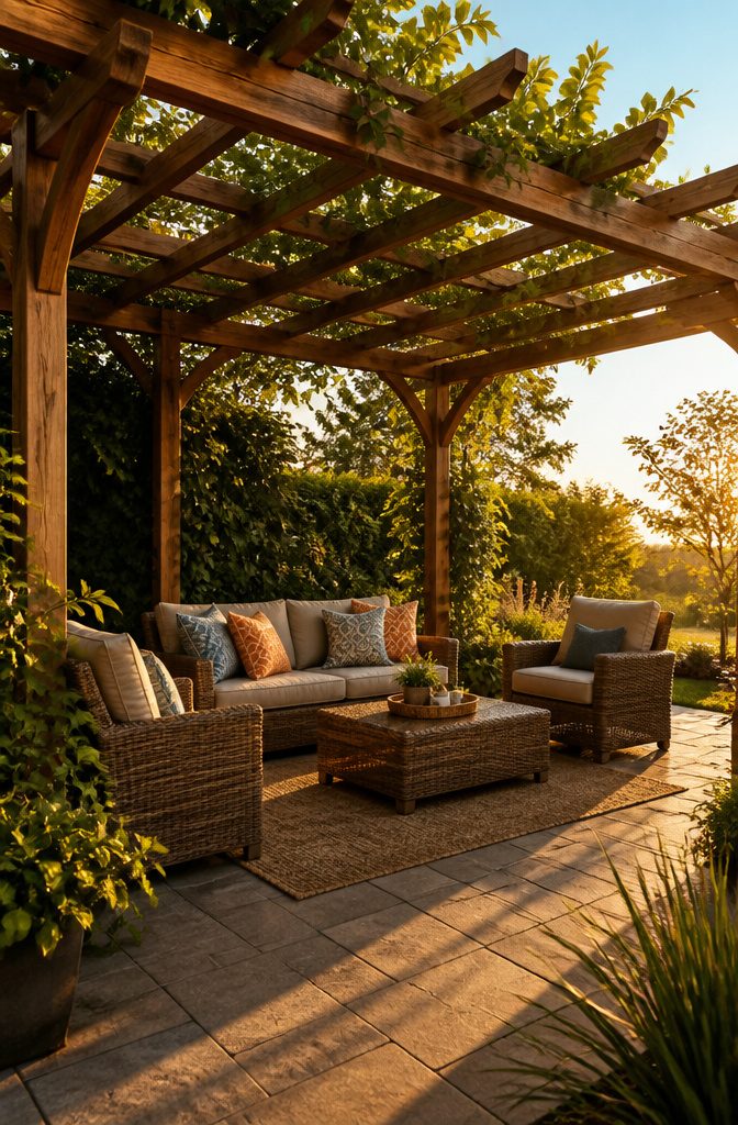 20 Patio Design Ideas for Your Outdoor Space 14 A wooden pergola creating dappled shade over a patio.