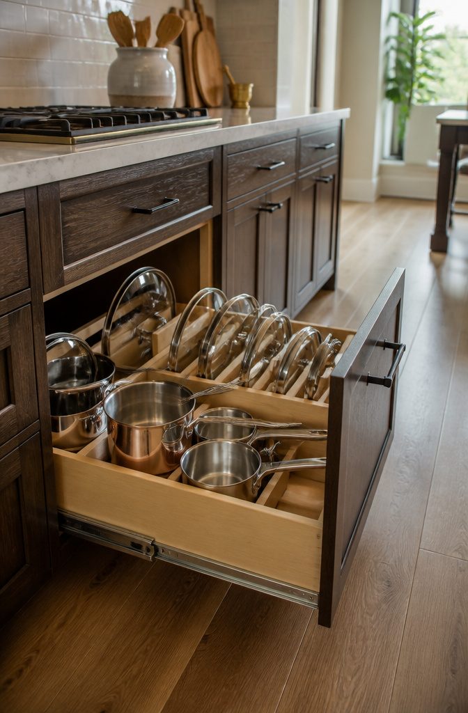 How to Organize Pots and Pans: 12 Ideas for Any Kitchen in 2026 9 Roll-out drawer revealing neatly stacked cookware in a kitchen.