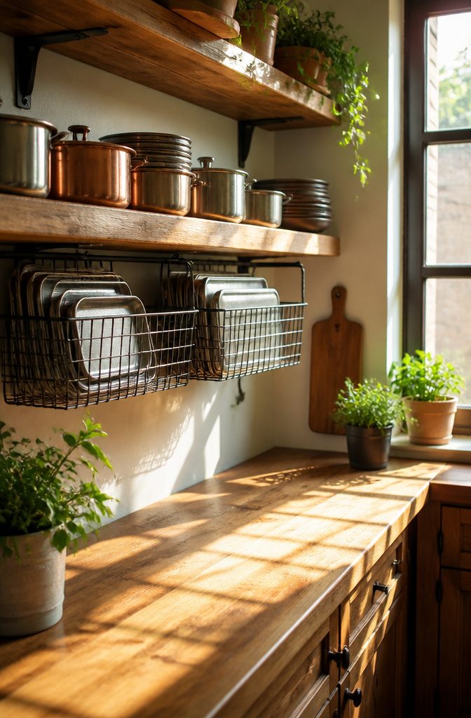 How to Organize Pots and Pans: 12 Ideas for Any Kitchen in 2026 11 Under-shelf baskets installed in a kitchen, holding baking trays.