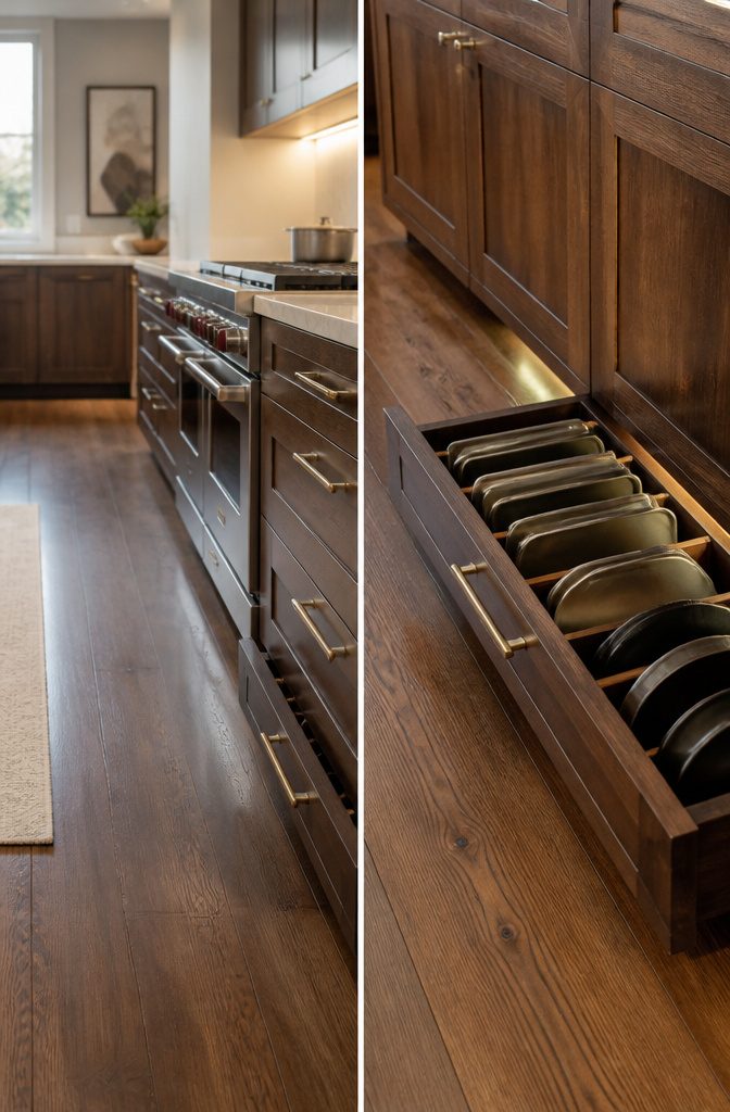 How to Organize Pots and Pans: 12 Ideas for Any Kitchen in 2026 13 Hidden drawer built into the toe kick of a kitchen cabinet.