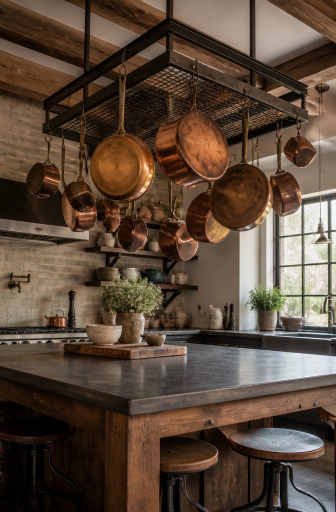 How to Organize Pots and Pans: 12 Ideas for Any Kitchen in 2026 2 Ceiling-mounted rack holding several pots and pans above a kitchen island.