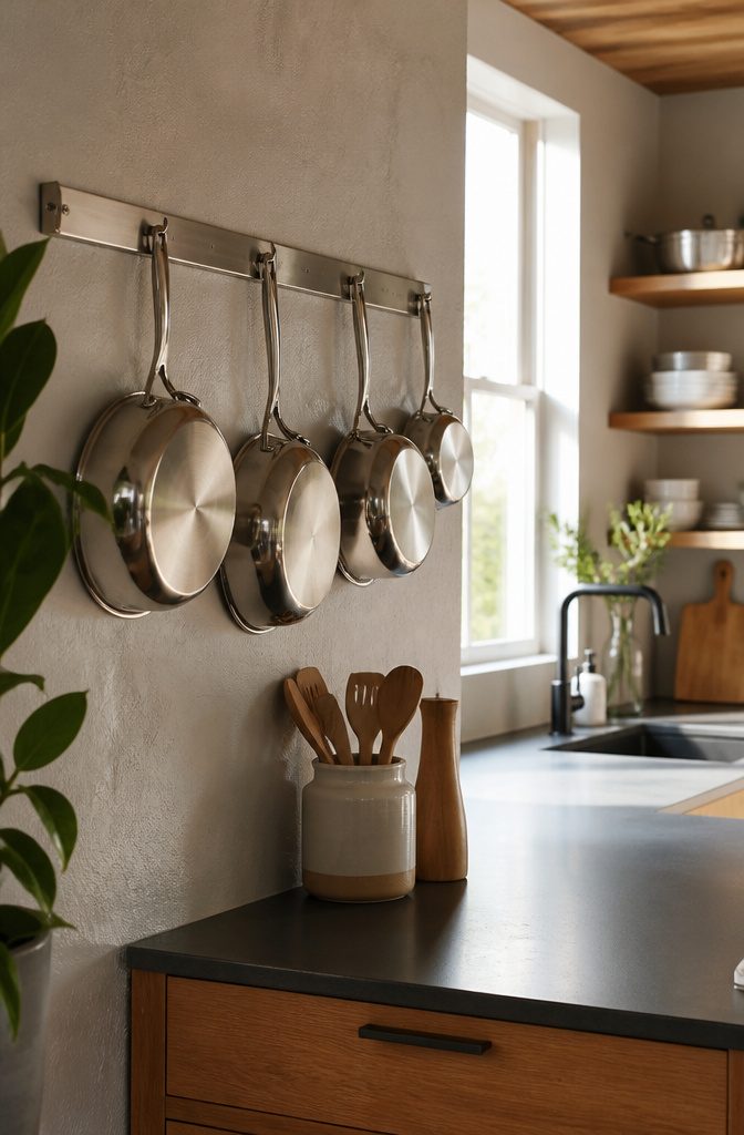 How to Organize Pots and Pans: 12 Ideas for Any Kitchen in 2026 12 Magnetic strip on a wall holding lightweight pans in a kitchen.