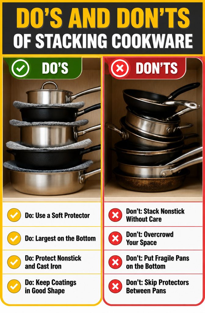 How to Organize Pots and Pans: 12 Ideas for Any Kitchen in 2026 15 Visual guide illustrating do's and don'ts of stacking cookware.