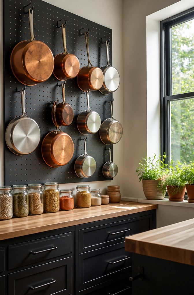 How to Organize Pots and Pans: 12 Ideas for Any Kitchen in 2026 4 Metal pegboard with hooks holding an assortment of pots and pans.