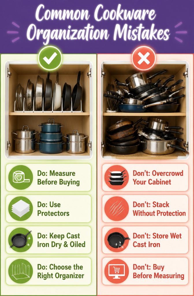 How to Organize Pots and Pans: 12 Ideas for Any Kitchen in 2026 17 Image listing common cookware organization mistakes in a kitchen.