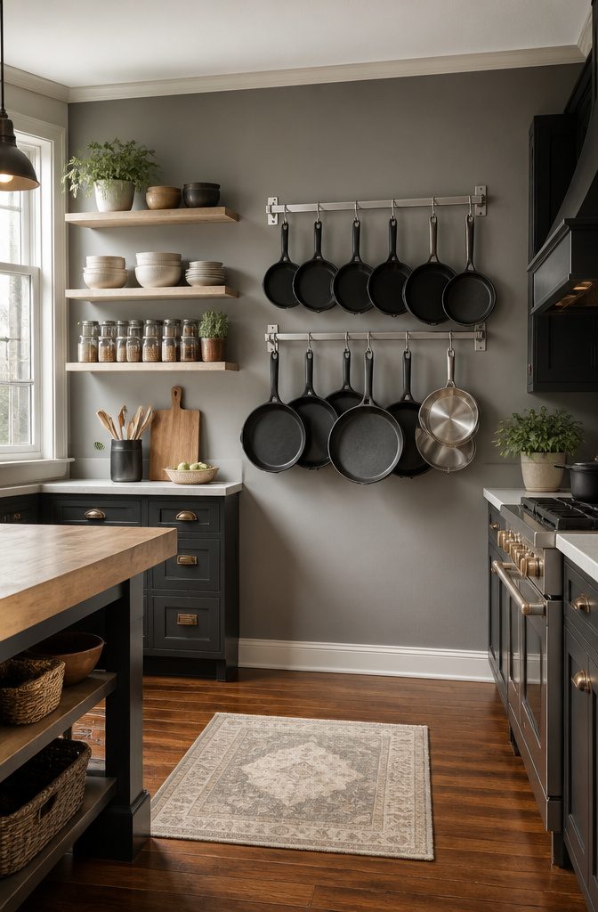 How to Organize Pots and Pans: 12 Ideas for Any Kitchen in 2026 3 Wall-mounted rack displaying various pots and pans in a kitchen.