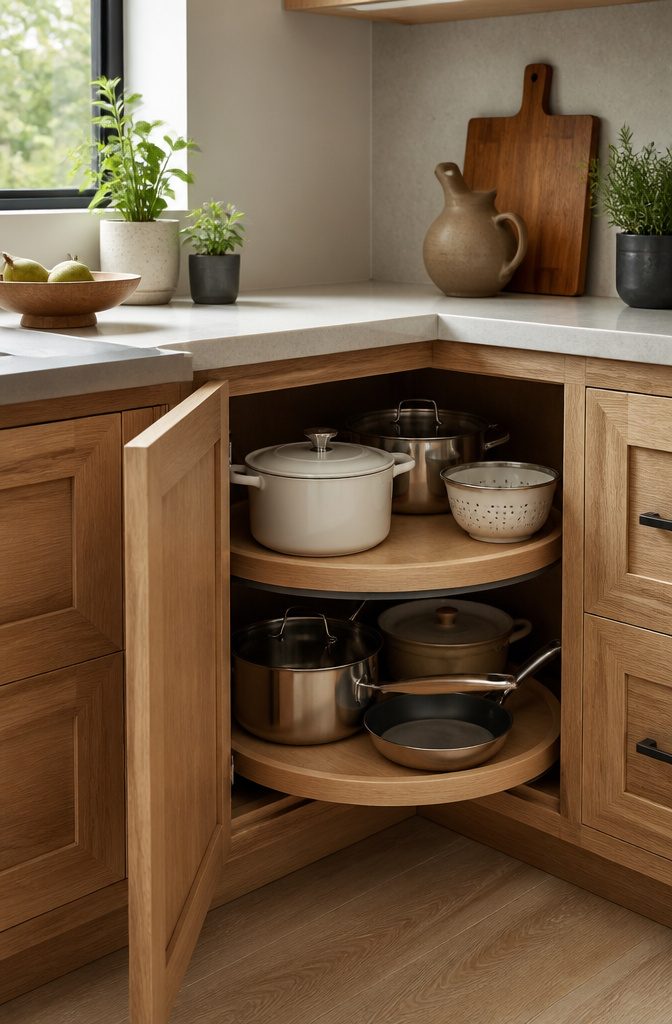 How to Organize Pots and Pans: 12 Ideas for Any Kitchen in 2026 10 Corner cabinet featuring a rotating Lazy Susan with pots and pans.