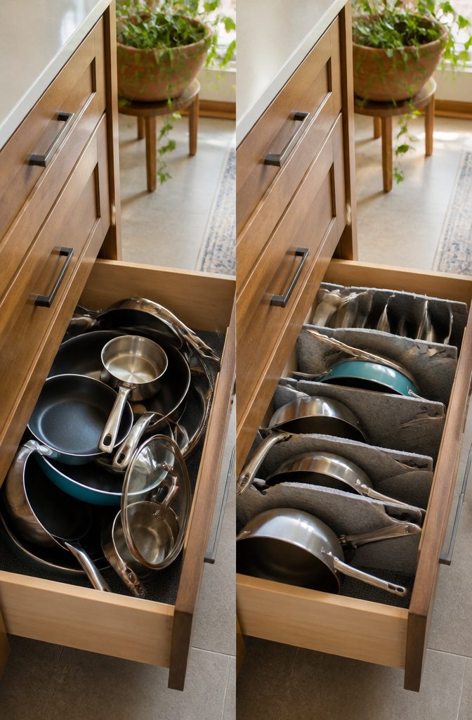 How to Organize Pots and Pans: 12 Ideas for Any Kitchen in 2026 6 Stacked pans with paper plates as dividers in a cabinet.